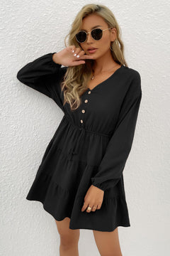 Decorative Button Tie Front Tiered Mini Dress