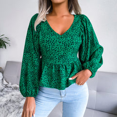 Printed Balloon Sleeve Peplum Blouse