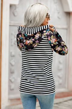 Striped Floral Print Long Sleeve Hoodie