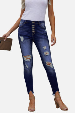 Button Front Frayed Ankle Skinny Jeans