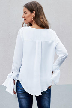 V Neck Ruched Tie Sleeve Top