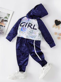 Girls Floral Crushed Velvet Hoodie and Side Stripe Pants Set