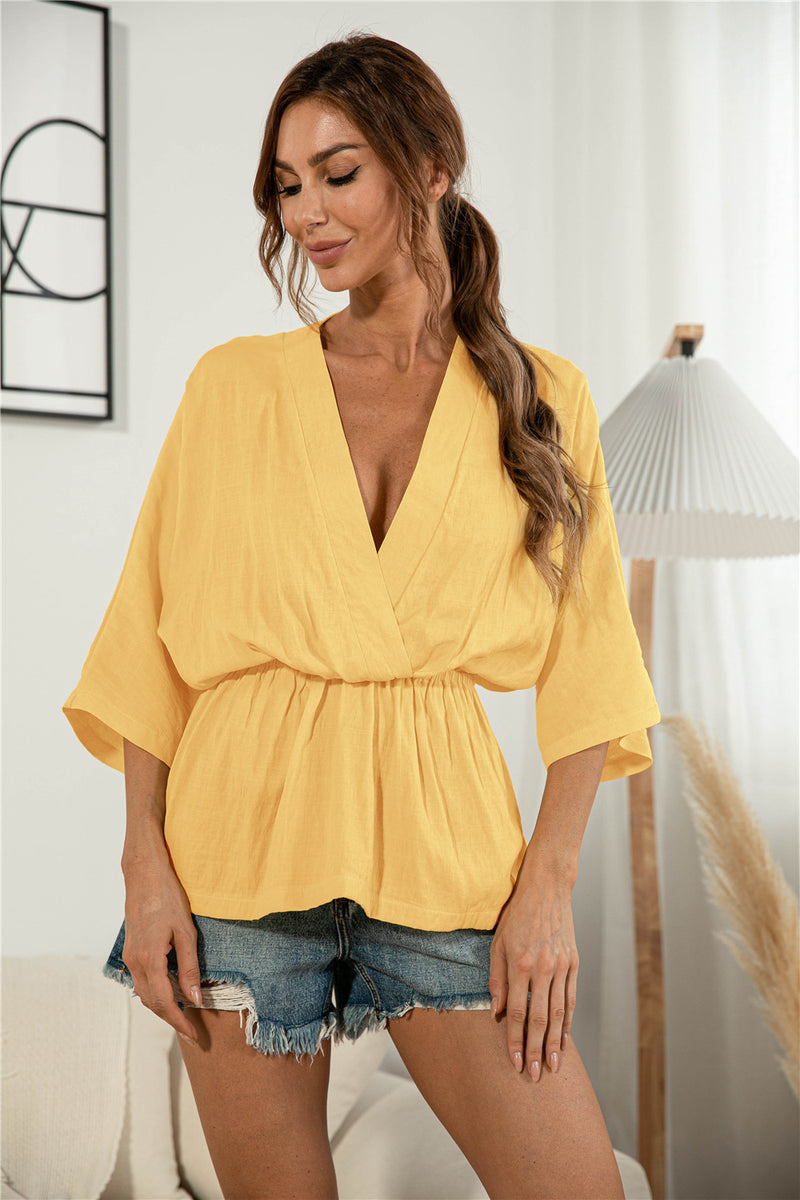 Surplice Neck Elastic Waist Top