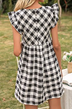 Plaid Butterfly Sleeve V-Neck Dress