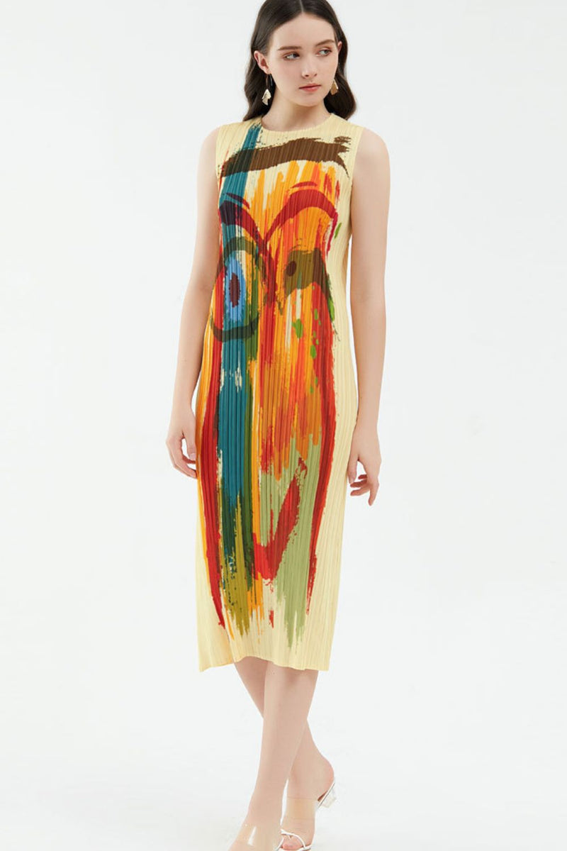 Abstract Print Accordion Pleated Sleeveless Dress