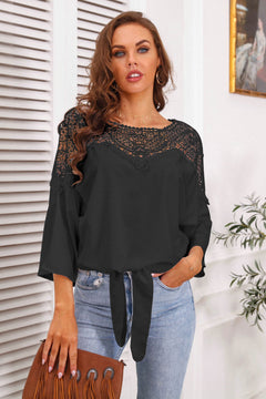 Lace Yoke Three-Quarter Sleeve Tie Front Blouse