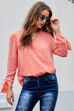 V Neck Ruched Tie Sleeve Top