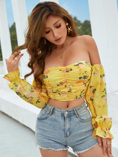 Ruched Off-Shoulder Flounce Sleeve Cropped Top