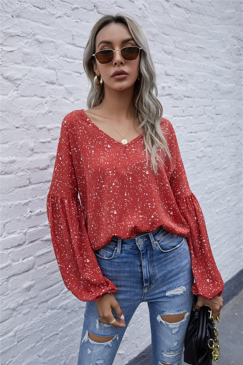 Dot Print Balloon Sleeve Blouse