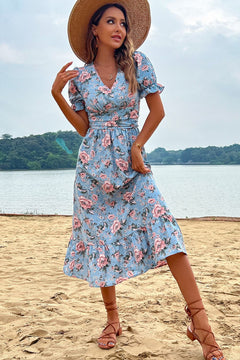 Floral V-Neck Ruffle Hem Midi Dress