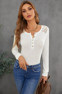 Lace Back Button Up Crewneck Top