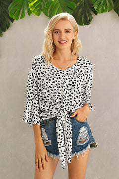 Cheetah Print Tie Hem Crop Blouse