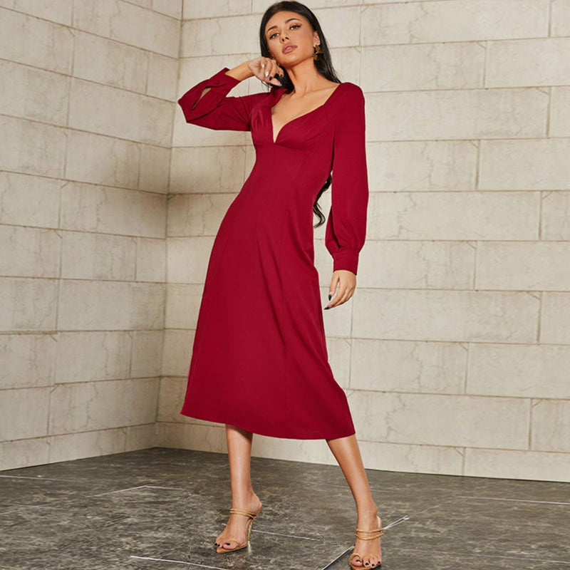 Plunge Bishop Sleeve Midi Dress