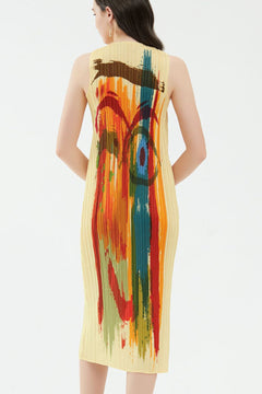 Abstract Print Accordion Pleated Sleeveless Dress