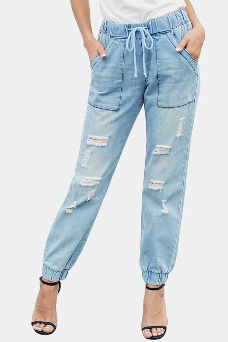 High Waist Elasticated Bottom Distressed Jeans