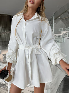 Drawstring Balloon Sleeves Belted Mini Shirt Dress