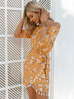 Floral Tassel Detail Tulip Hem Off-Shoulder Dress