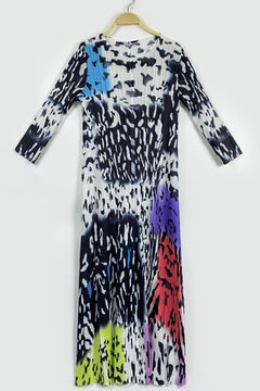 Printed Accordion Pleated Three-Quarter Sleeve Dress