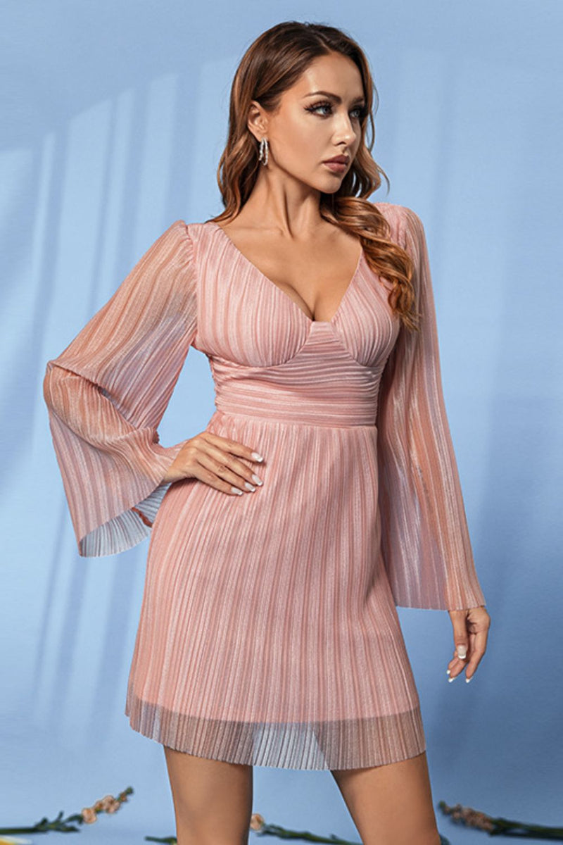 Striped Bell Sleeve V-Neck Dress