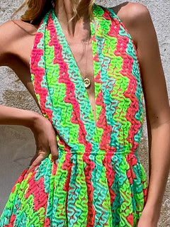 Multicolored Halter Neck A-Line Dress