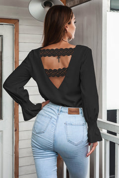 Flounce Cuff Lace Detail V-Neck Blouse