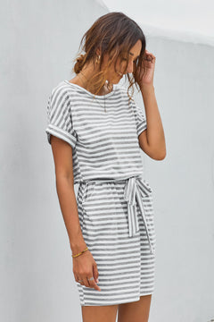 Stripes Pocketed T-shirt Dress with Belt