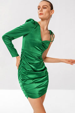 Satin Asymmetrical Neck Ruched Bodycon Dress