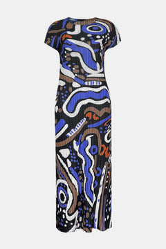 Abstract Print Accordion Pleated Round Neck Midi Dress