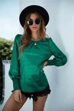 Ruched Round Neck Keyhole Back Blouse