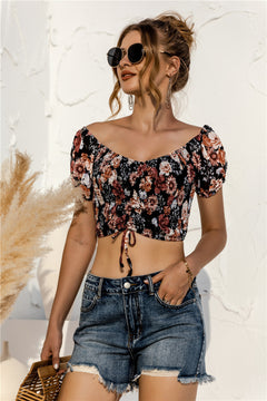 Floral Off Shoulder Drawstrings Crop Top