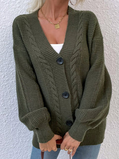 Cable-Knit Button Down Ribbed Trim Cardigan