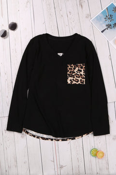 Contrast Leopard V-Neck Pocket Blouse