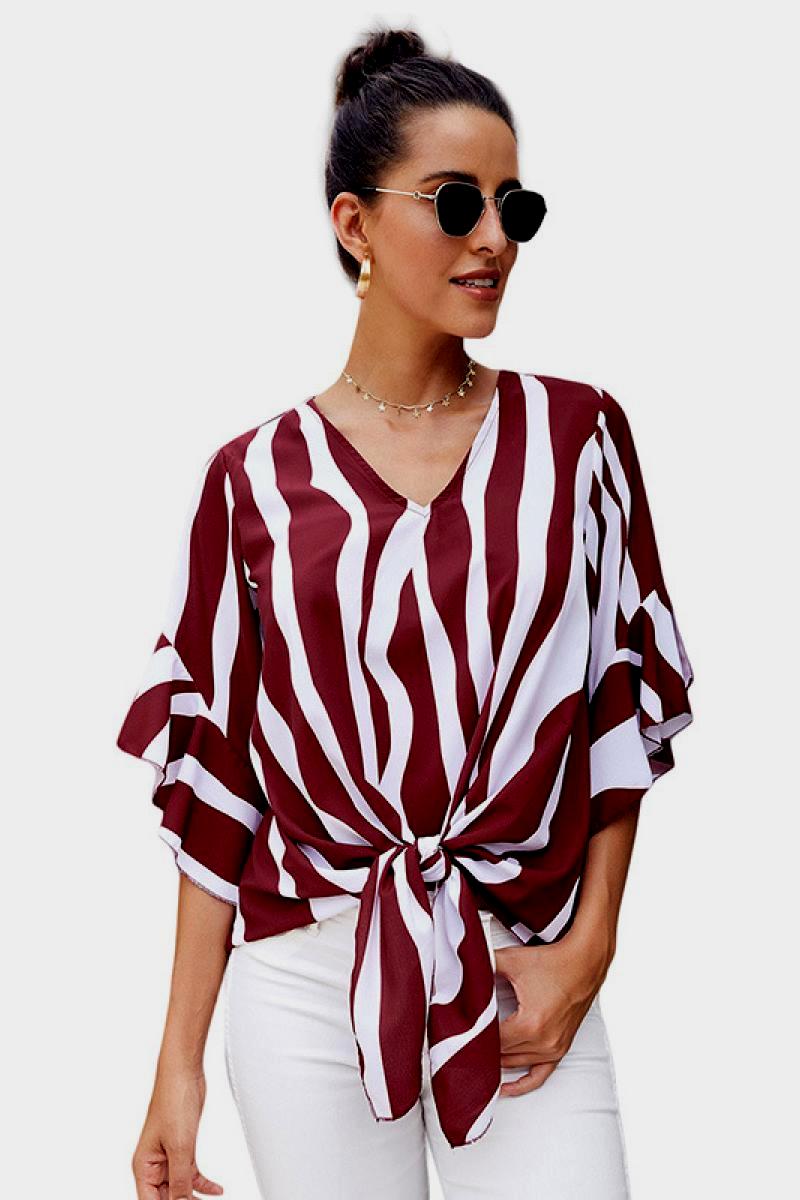 Striped Flounce Sleeve Knot Hem Top