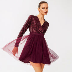 Sequin Surplice A-Line Tulle Dress