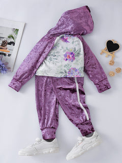 Girls Floral Crushed Velvet Hoodie and Side Stripe Pants Set