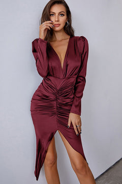 Ruched Tulip Hem Puff Sleeve Plunge Satin Dress