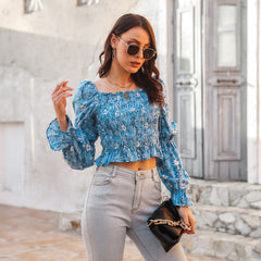 Floral Bubble Sleeve Smocked Top