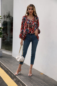 Floral Pleated Detail V-Neck Blouse