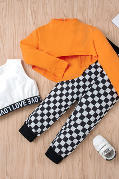 Girls Crop Top and Tank Top and Checkered Pants Three Piece Set