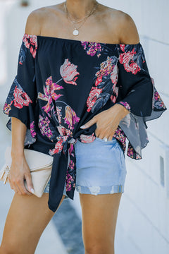 Off Shoulder Floral Tie Front Chiffon Blouse