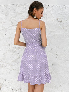 Polka Dot Tie Waist Ruffle Hem Mini Wrap Dress