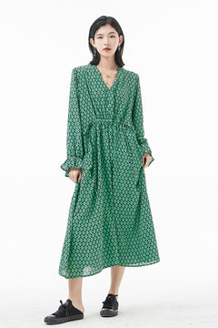 Printed Drawstring Flounce Sleeve Midi Dress