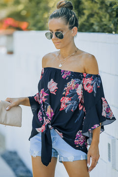 Off Shoulder Floral Tie Front Chiffon Blouse