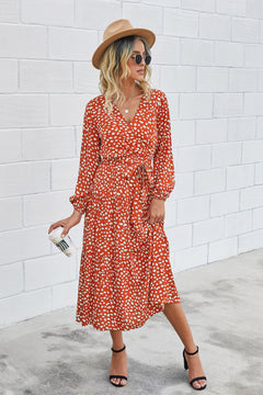 Printed V Neck Belted Dress