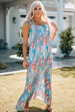 Printed Spaghetti Strap Ruffle Hem Maxi Dress