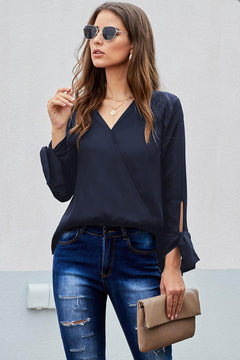 V Neck Ruched Tie Sleeve Top