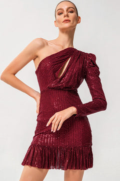 Sequin One-Shoulder Fringe Hem Dress