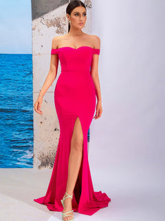 Off-Shoulder Split Fishtail Dress with Train