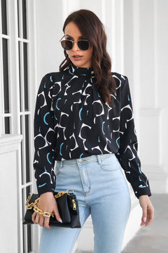 Printed Gathered Detail Mock Neck Blouse