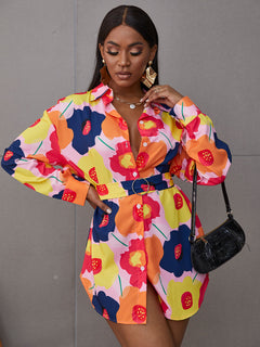 Floral Belted Curved Hem Shirt Dress